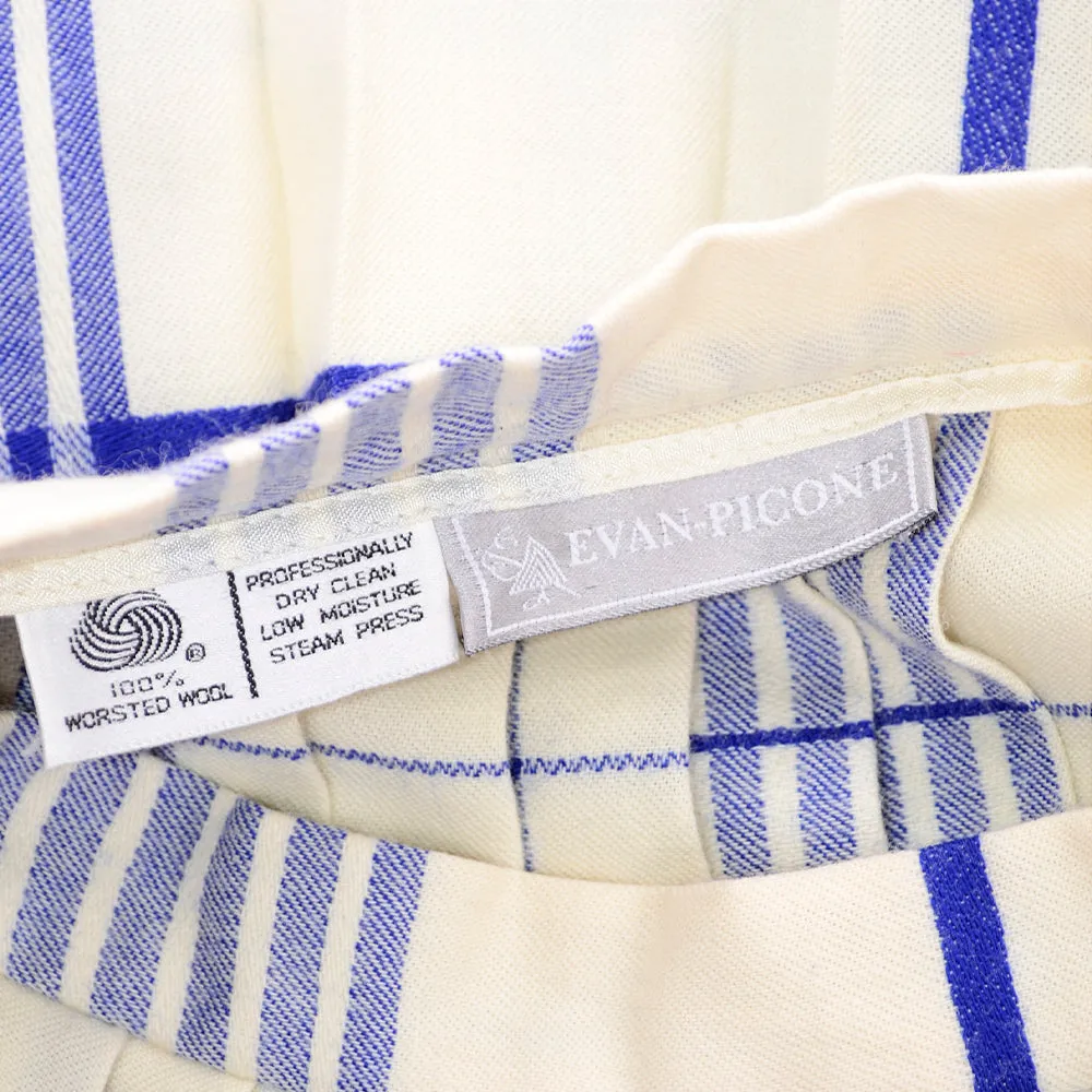 1980s Evan Picone Cream Wool Blue Plaid Pleated Midi Skirt