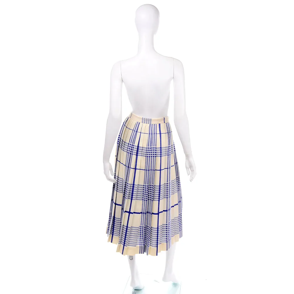 1980s Evan Picone Cream Wool Blue Plaid Pleated Midi Skirt