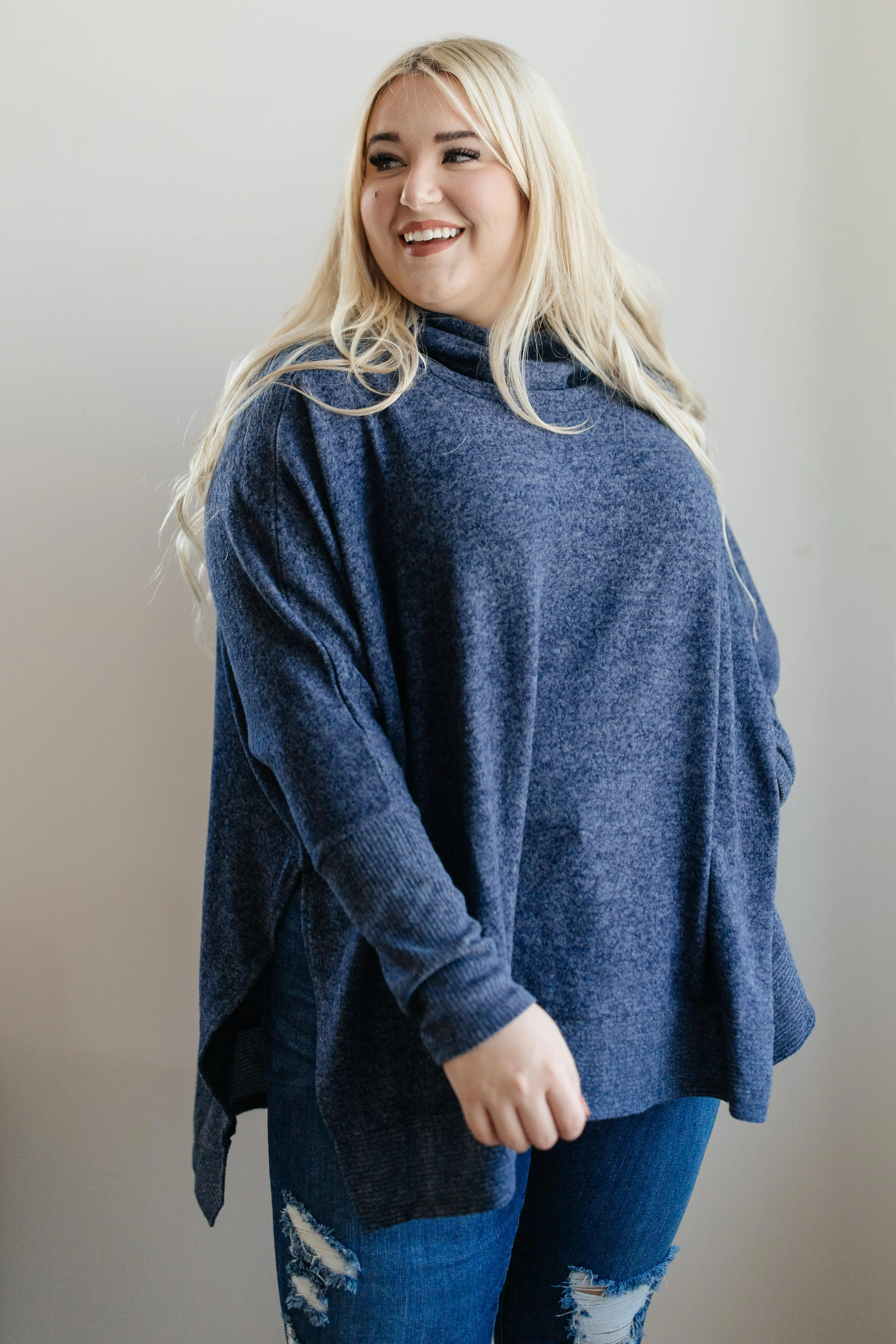 Brushed Melange Cowl Neck Sweater in Navy