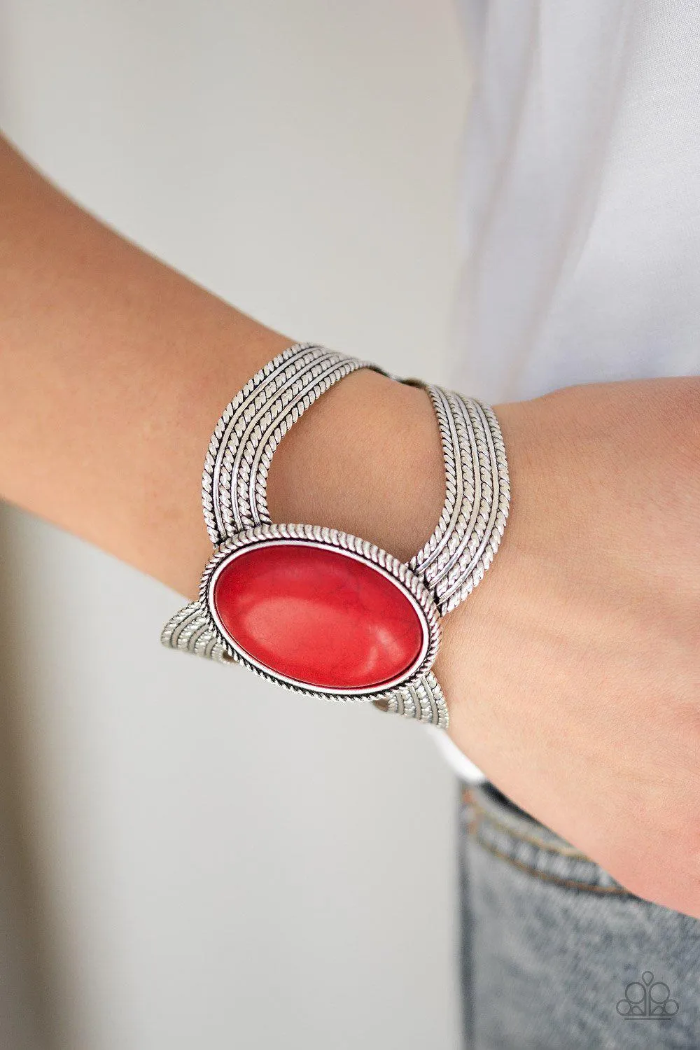 Coyote Couture Red Stone and Silver Cuff Bracelet - Paparazzi Accessories