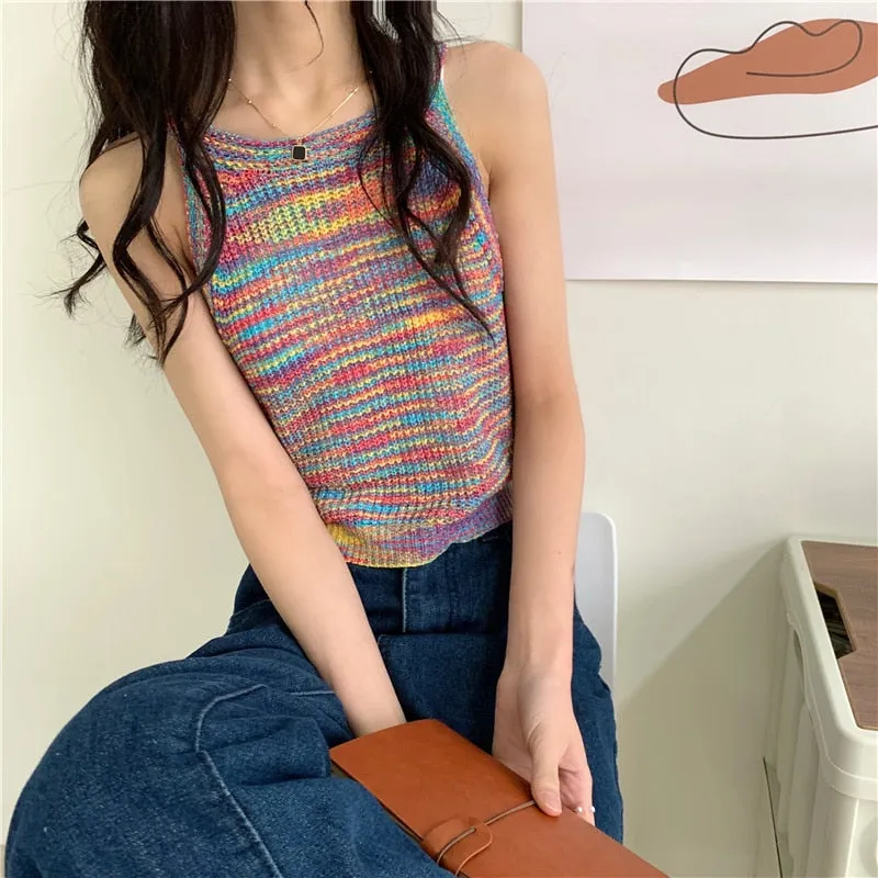 deanwangkt Colorful Striped Summer Tanks Tops Women Korean Rainbow Sleeveless Shirts Top O-Neck Slim Knitted Top Slim Sexy Streetwear