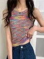 deanwangkt Colorful Striped Summer Tanks Tops Women Korean Rainbow Sleeveless Shirts Top O-Neck Slim Knitted Top Slim Sexy Streetwear