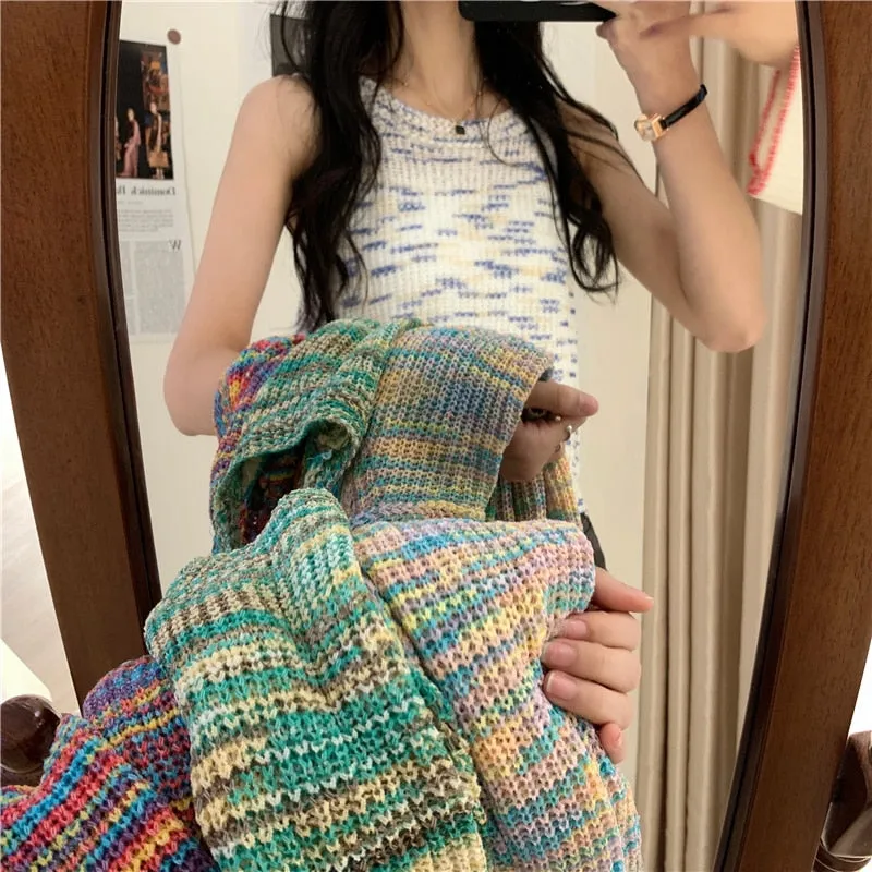 deanwangkt Colorful Striped Summer Tanks Tops Women Korean Rainbow Sleeveless Shirts Top O-Neck Slim Knitted Top Slim Sexy Streetwear