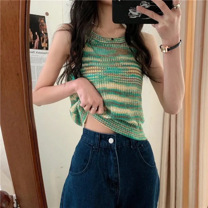 deanwangkt Colorful Striped Summer Tanks Tops Women Korean Rainbow Sleeveless Shirts Top O-Neck Slim Knitted Top Slim Sexy Streetwear