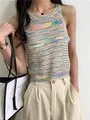 deanwangkt Colorful Striped Summer Tanks Tops Women Korean Rainbow Sleeveless Shirts Top O-Neck Slim Knitted Top Slim Sexy Streetwear
