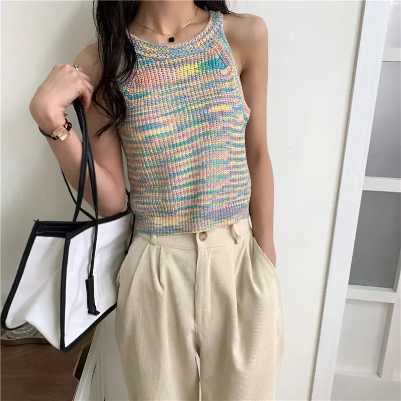 deanwangkt Colorful Striped Summer Tanks Tops Women Korean Rainbow Sleeveless Shirts Top O-Neck Slim Knitted Top Slim Sexy Streetwear