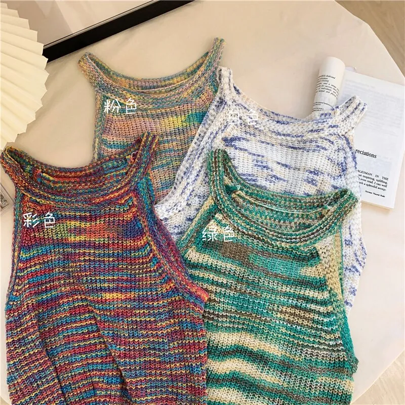 deanwangkt Colorful Striped Summer Tanks Tops Women Korean Rainbow Sleeveless Shirts Top O-Neck Slim Knitted Top Slim Sexy Streetwear
