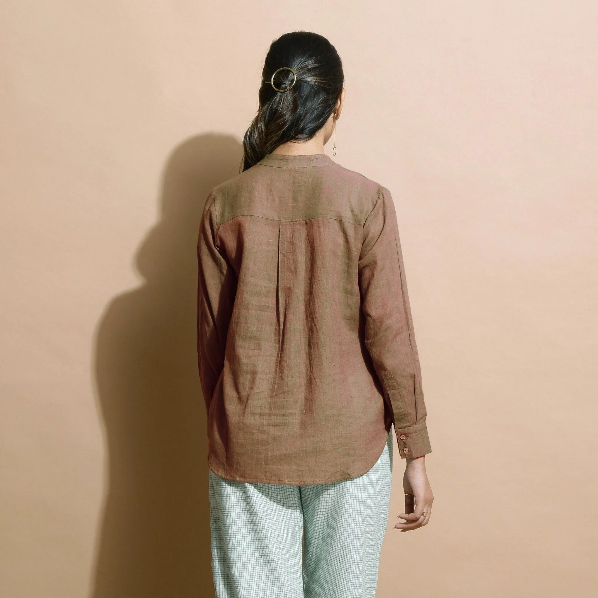 Handspun Cotton Brown Mandarin Collar Button-Down Shirt
