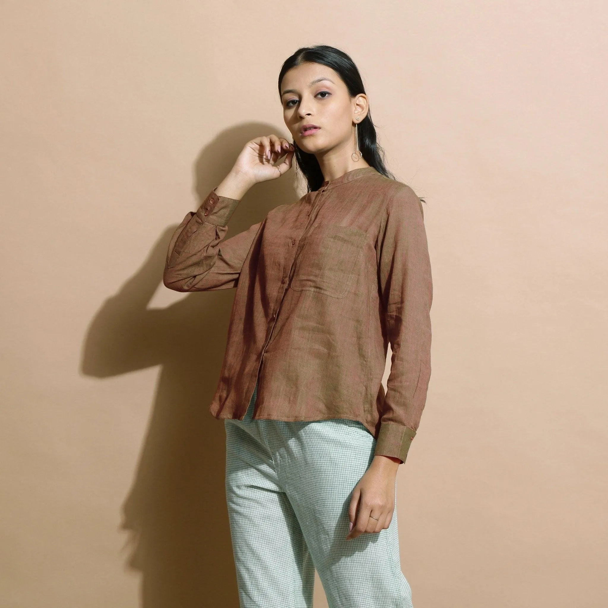 Handspun Cotton Brown Mandarin Collar Button-Down Shirt