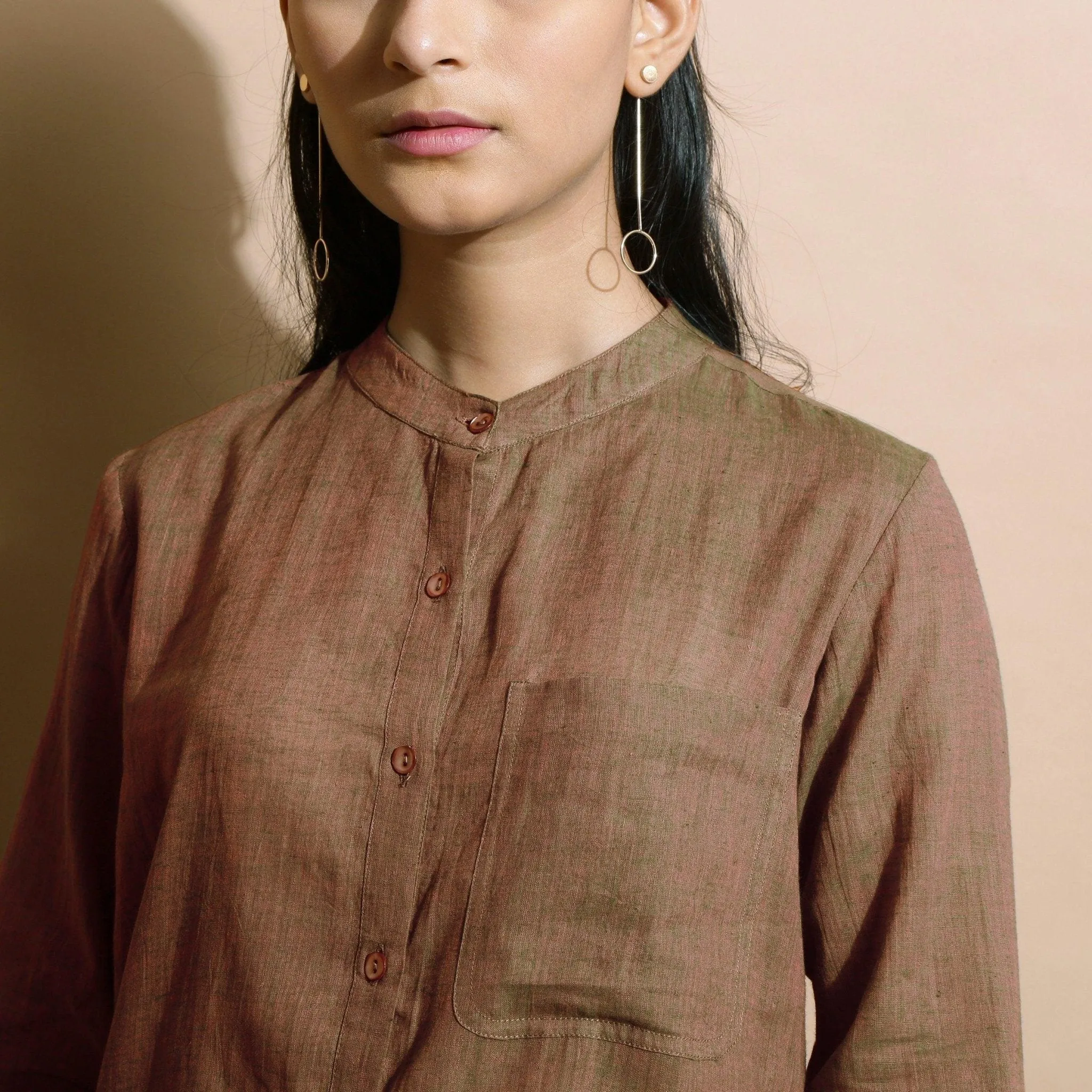 Handspun Cotton Brown Mandarin Collar Button-Down Shirt