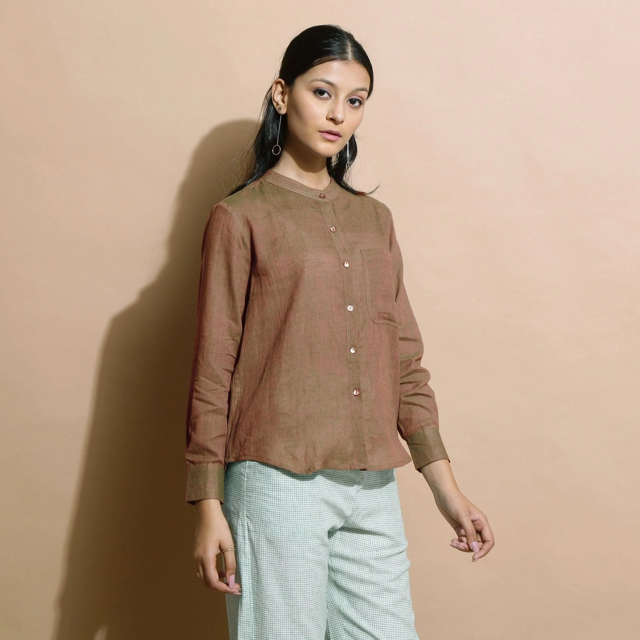 Handspun Cotton Brown Mandarin Collar Button-Down Shirt