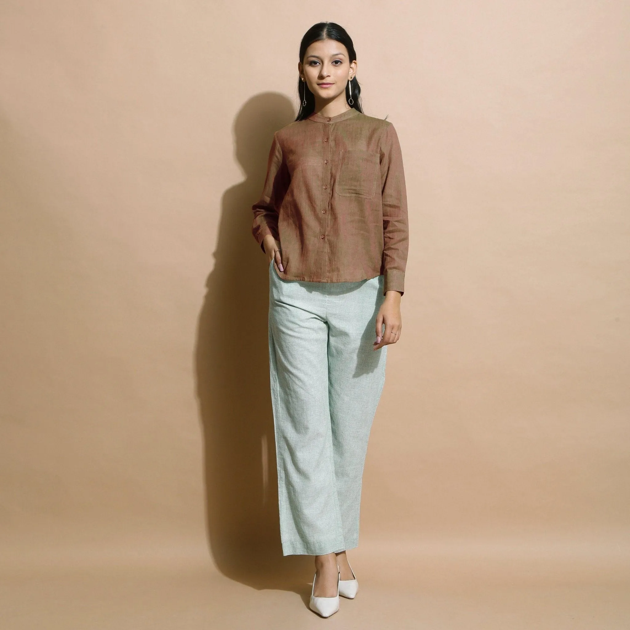 Handspun Cotton Brown Mandarin Collar Button-Down Shirt