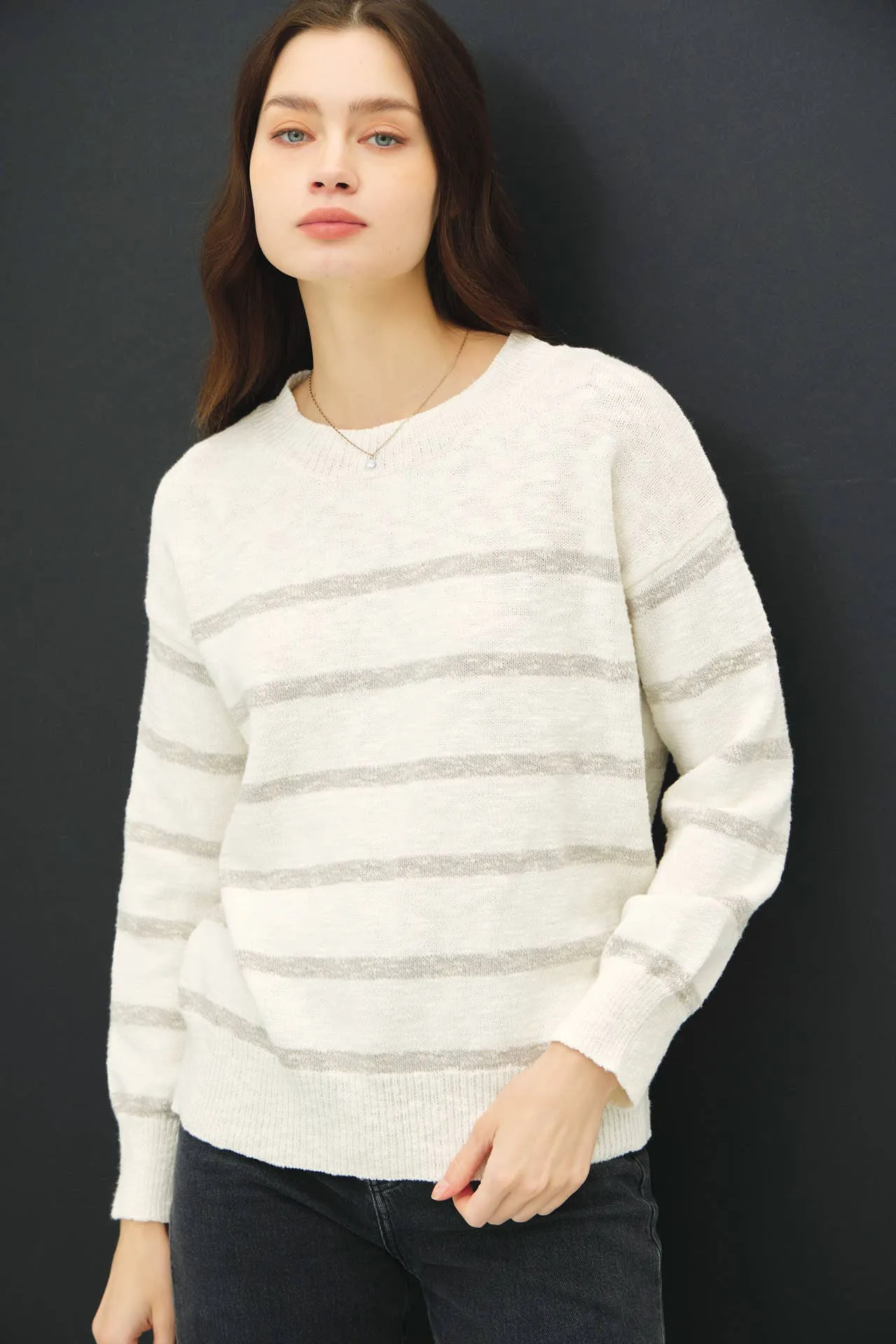 HEATHER STRIPED LONG SLEEVE SWEATER