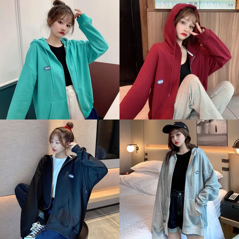 Korean INS Thin Women Hooded Slim-Look Zipper Cardigan Tops Sweatshirt