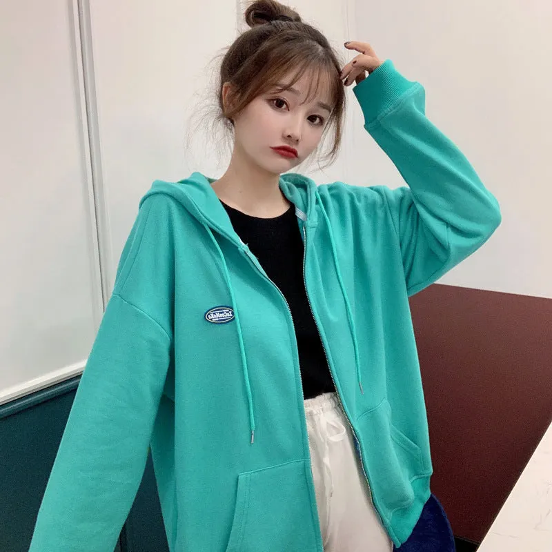 Korean INS Thin Women Hooded Slim-Look Zipper Cardigan Tops Sweatshirt