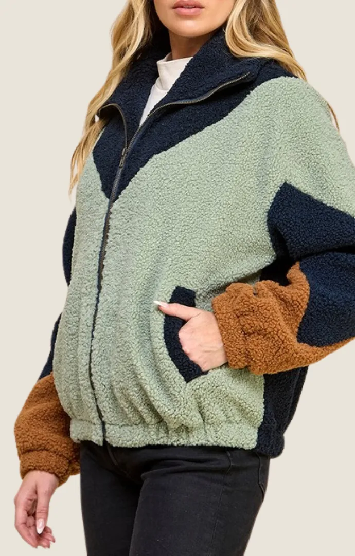 Maeve Sage Color Block Sherpa Jacket