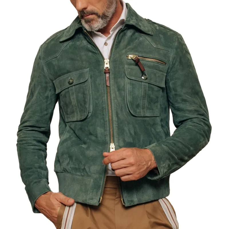 Men's Retro Lapel Zipper Breast Pocket Suede Jacket 01953047Z