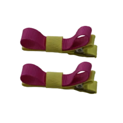 School Hair Accessories - Deluxe Hair Clips 2 Colour option (Set of 2) Lemon Base & Centre Ribbon (36 colours top)
