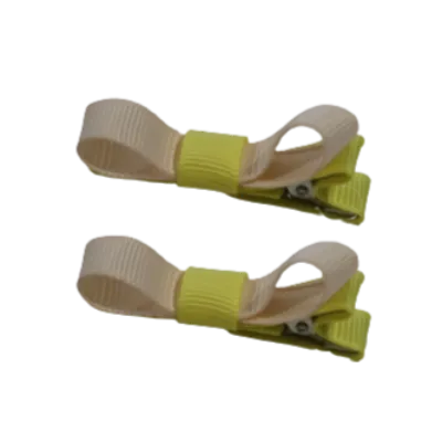 School Hair Accessories - Deluxe Hair Clips 2 Colour option (Set of 2) Lemon Base & Centre Ribbon (36 colours top)