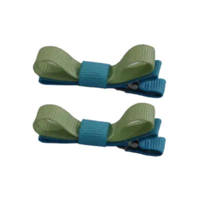 School Hair Accessories - Deluxe Hair Clips 2 Colour option (Set of 2) Misty Turquoise Base & Centre Ribbon (36 colours top)