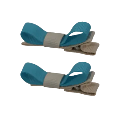 School Hair Accessories - Deluxe Hair Clips 2 Colour option (Set of 2) Nude Base & Centre Ribbon (36 colours top)