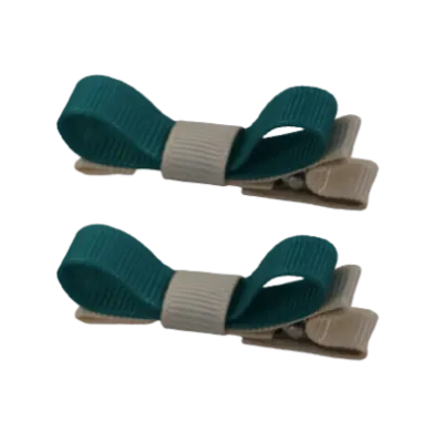 School Hair Accessories - Deluxe Hair Clips 2 Colour option (Set of 2) Nude Base & Centre Ribbon (36 colours top)