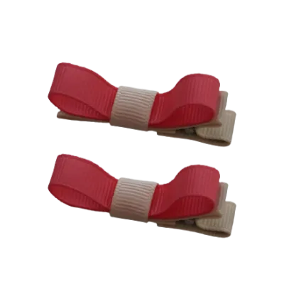 School Hair Accessories - Deluxe Hair Clips 2 Colour option (Set of 2) Nude Base & Centre Ribbon (36 colours top)