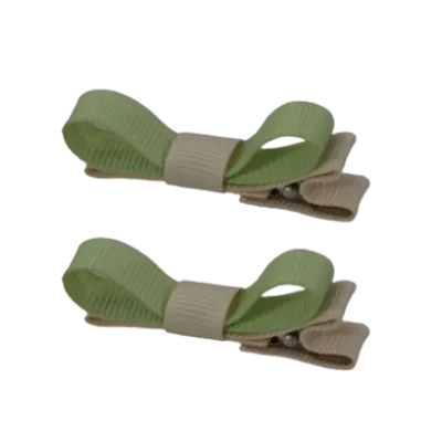 School Hair Accessories - Deluxe Hair Clips 2 Colour option (Set of 2) Nude Base & Centre Ribbon (36 colours top)