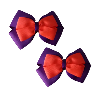 School Hair Accessories - Double Cherish Hair Bow 9cm - Purple Base & Centre Ribbon (24 colours top)