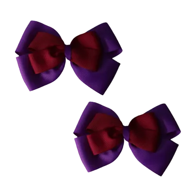 School Hair Accessories - Double Cherish Hair Bow 9cm - Purple Base & Centre Ribbon (24 colours top)